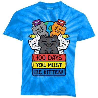 100 Days You Must Be Kitten Cats On Books 100th Day School Gift Kids Tie-Dye T-Shirt