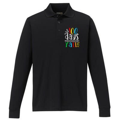 100 Days Y'all Happy 100 Days Of School Smarter Brighter Gift Performance Long Sleeve Polo