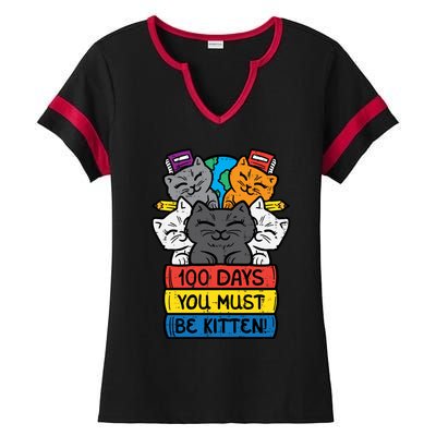 100 Days You Must Be Kitten Cats On Books 100th Day School Cool Gift Ladies Halftime Notch Neck Tee