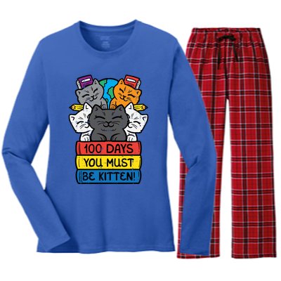 100 Days You Must Be Kitten Cats On Books 100th Day School Cool Gift Women's Long Sleeve Flannel Pajama Set 