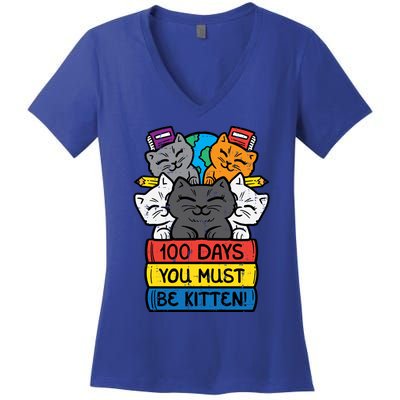 100 Days You Must Be Kitten Cats On Books 100th Day School Cool Gift Women's V-Neck T-Shirt