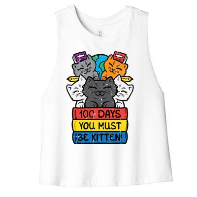 100 Days You Must Be Kitten Cats On Books 100th Day School Cool Gift Women's Racerback Cropped Tank