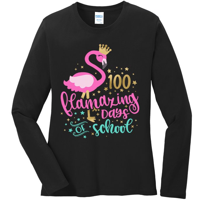 100 Flamazing Days Of School Flamingo Teacher Ladies Long Sleeve Shirt