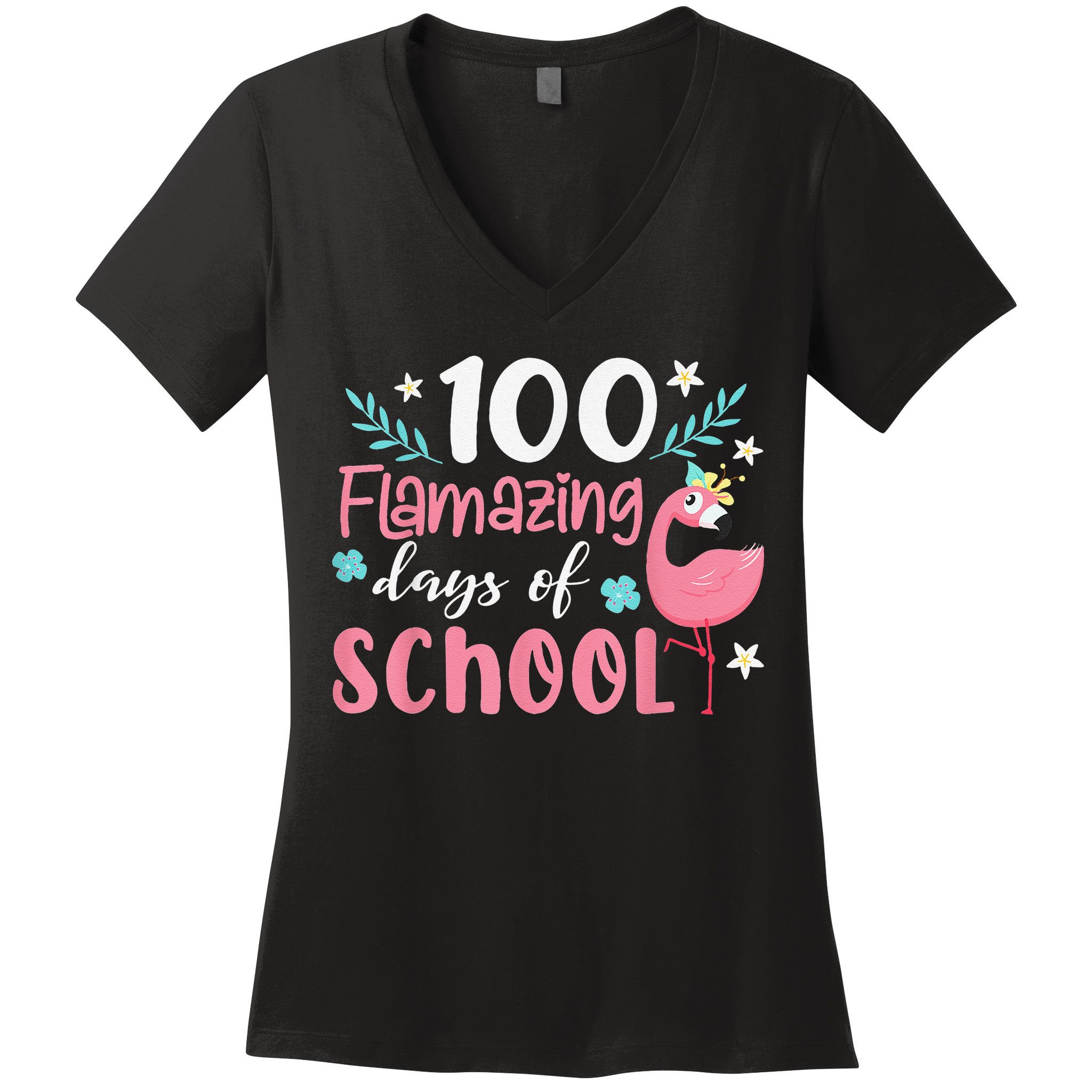 100 Flamazing Days of School Flamingo 100th Day Teachers Women's V-Neck T-Shirt