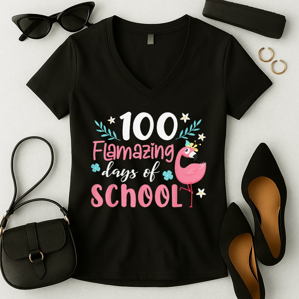 100 Flamazing Days of School Flamingo 100th Day Teachers Women's V-Neck T-Shirt