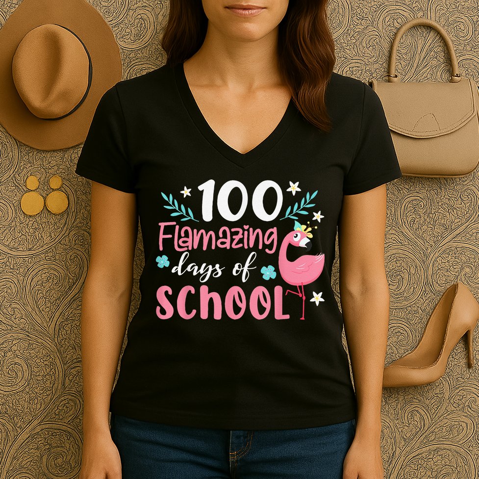 100 Flamazing Days of School Flamingo 100th Day Teachers Women's V-Neck T-Shirt