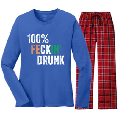 100% Feckin Drunk Funny Ing St Patrick Day Irish Pub Funny Gift Women's Long Sleeve Flannel Pajama Set 