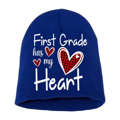 1st First Grade Has My Heart Buffalo Print Teacher Valentine Gift Short Acrylic Beanie