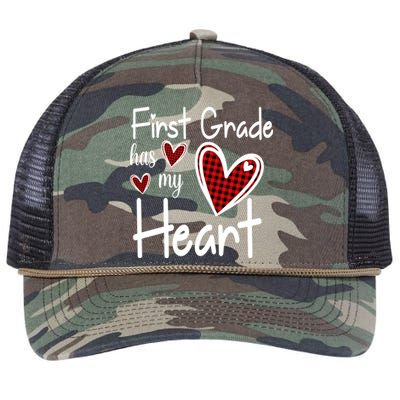 1st First Grade Has My Heart Buffalo Print Teacher Valentine Gift Retro Rope Trucker Hat Cap