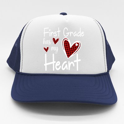 1st First Grade Has My Heart Buffalo Print Teacher Valentine Gift Trucker Hat