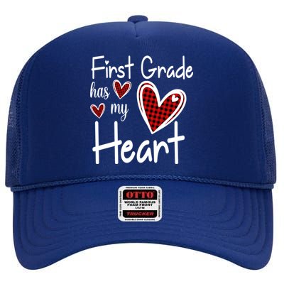 1st First Grade Has My Heart Buffalo Print Teacher Valentine Gift High Crown Mesh Back Trucker Hat