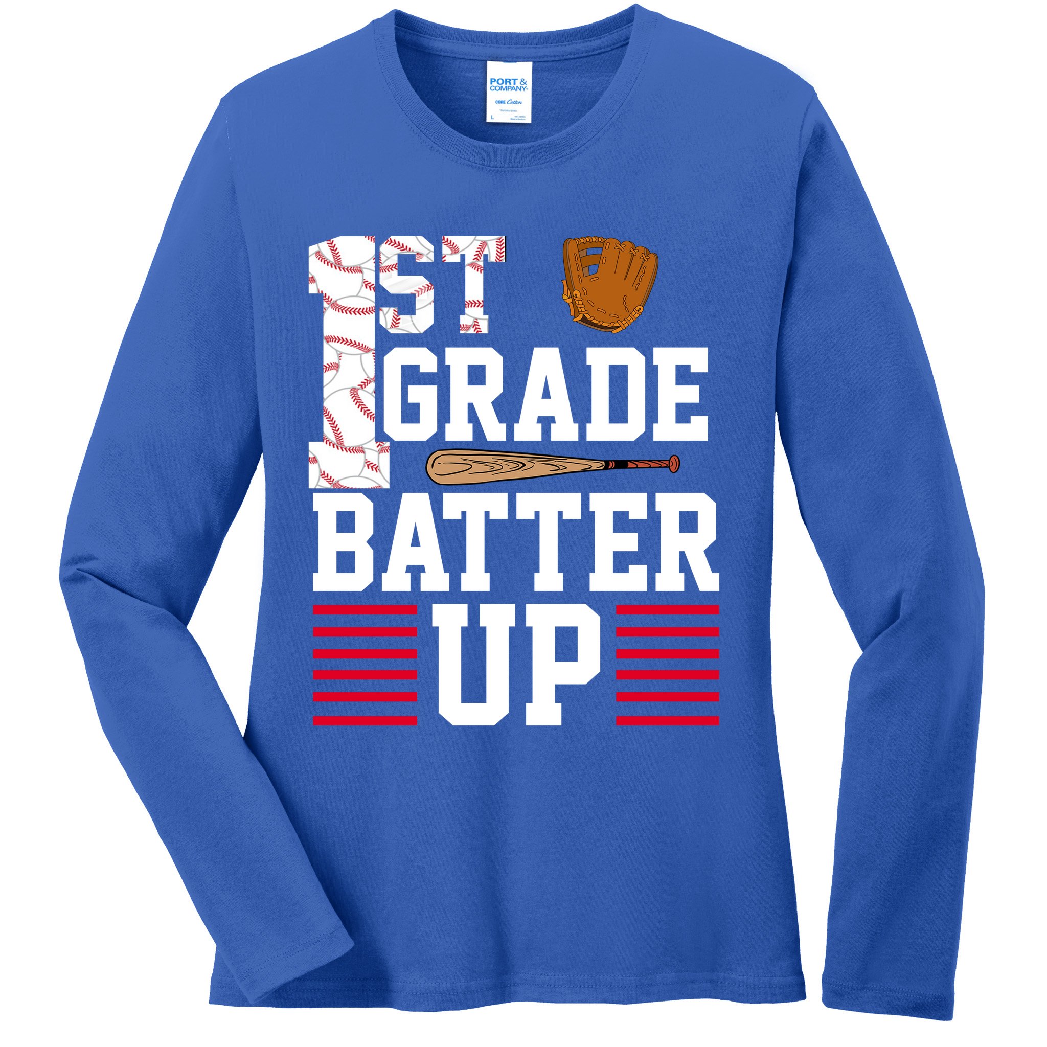 1st Grade Batter Up Ladies Long Sleeve Shirt