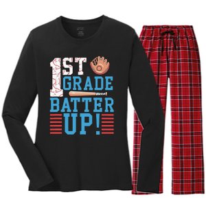 1st Grade Back To School 1st Grade Batter Up Baseball Women's Long Sleeve Flannel Pajama Set 