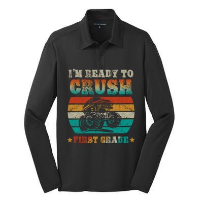 1st Grade Back To School Crush First Grade Monster Truck Boy Cute Gift Silk Touch Performance Long Sleeve Polo