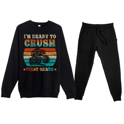 1st Grade Back To School Crush First Grade Monster Truck Boy Cute Gift Premium Crewneck Sweatsuit Set