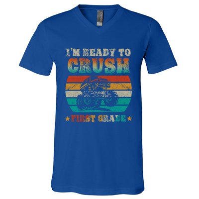 1st Grade Back To School Crush First Grade Monster Truck Boy Cute Gift V-Neck T-Shirt