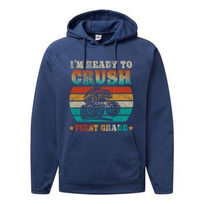 1st Grade Back To School Crush First Grade Monster Truck Boy Cute Gift Performance Fleece Hoodie