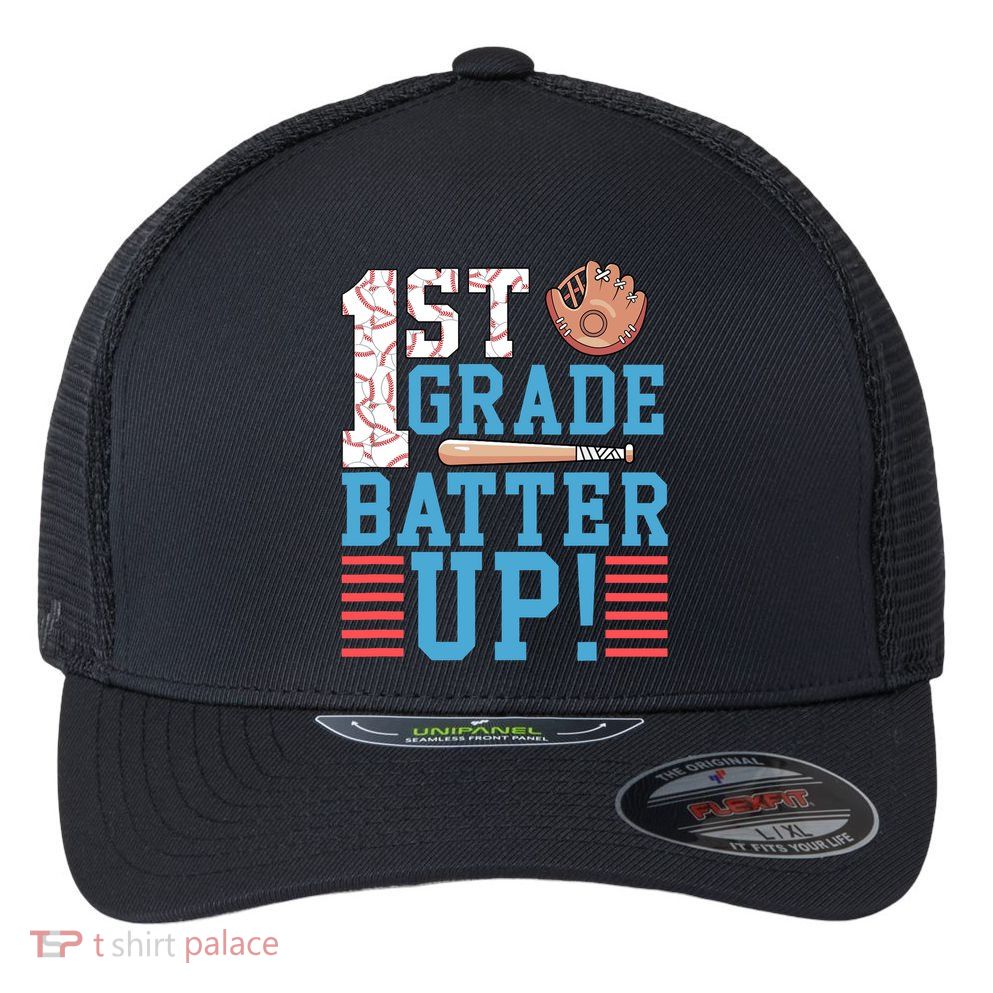 1st Grade Back To School 1st Grade Batter Up Baseball Flexfit Unipanel Trucker Cap