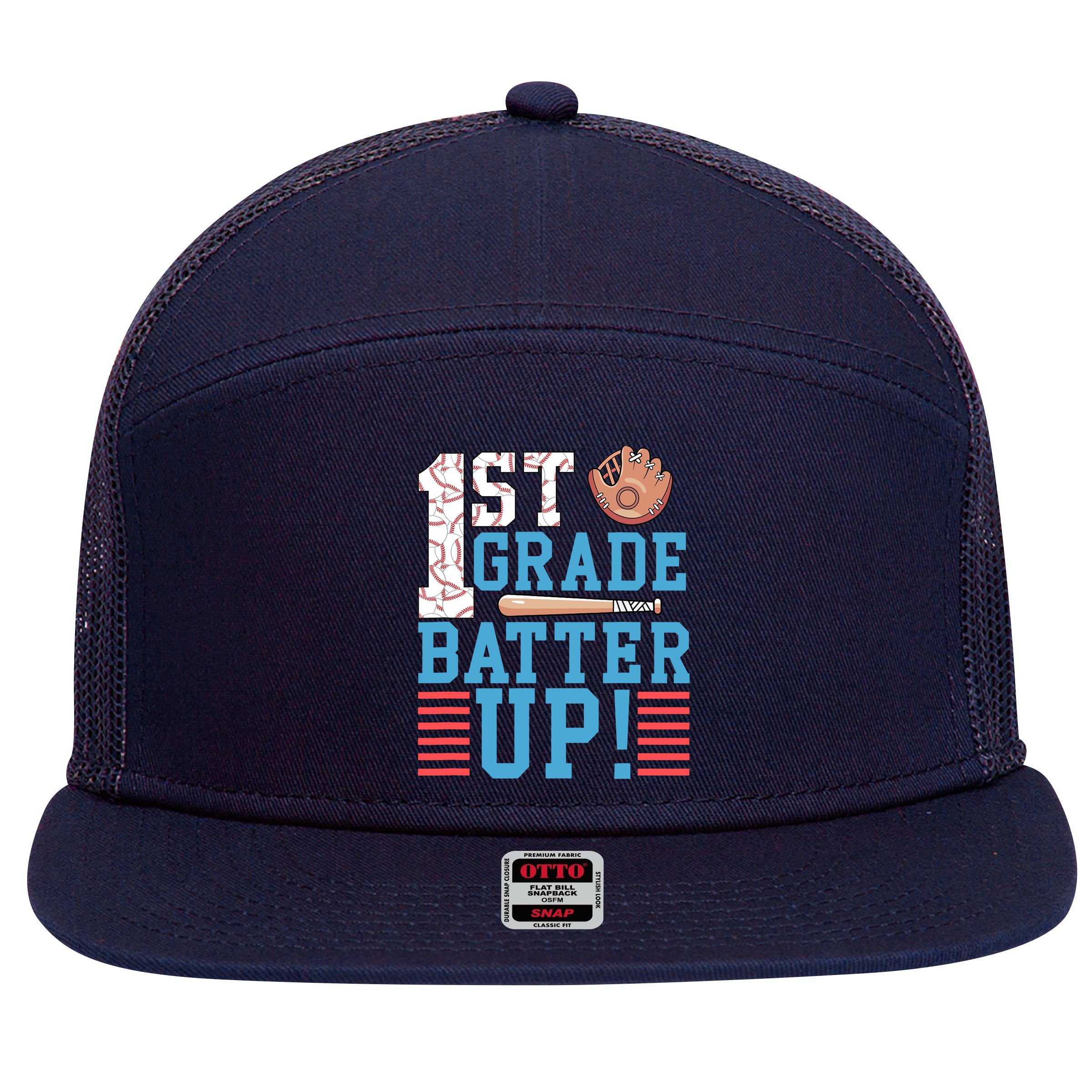 1st Grade Back To School 1st Grade Batter Up Baseball 7 Panel Mesh Trucker Snapback Hat