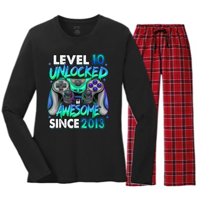 10th Gaming Birthday gift Level 10 Unlocked Awesome Video Game 2013 Birthday Women's Long Sleeve Flannel Pajama Set 