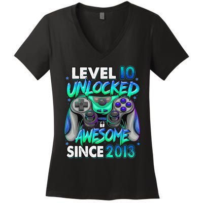 10th Gaming Birthday gift Level 10 Unlocked Awesome Video Game 2013 Birthday Women's V-Neck T-Shirt