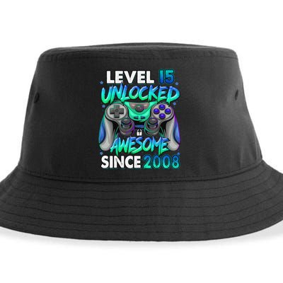 15th Gaming Birthday gift Level 15 Unlocked Awesome Video Game 2008 Birthday Sustainable Bucket Hat