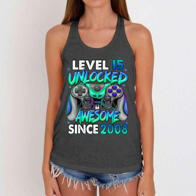 15th Gaming Birthday gift Level 15 Unlocked Awesome Video Game 2008 Birthday Women's Knotted Racerback Tank