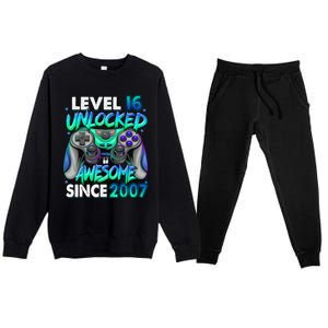 16th Gaming Birthday gift Level 16 Unlocked Awesome Video Game 2007 Birthday Premium Crewneck Sweatsuit Set