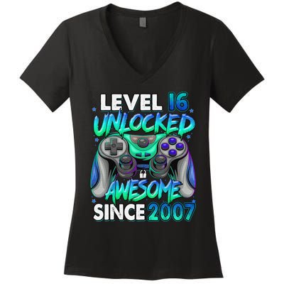 16th Gaming Birthday gift Level 16 Unlocked Awesome Video Game 2007 Birthday Women's V-Neck T-Shirt