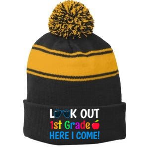 1st Grade Boy Girl Look out 1st Grade Here I Come Stripe Pom Pom Beanie