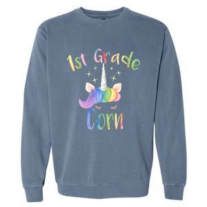 1St Grade Corn First Grade Teacher Unicorn Back To School Gift Garment-Dyed Sweatshirt