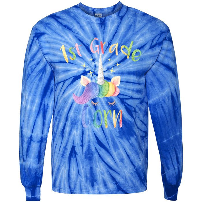 1St Grade Corn First Grade Teacher Unicorn Back To School Gift Tie-Dye Long Sleeve Shirt