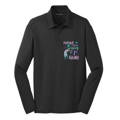 1st Grade Cute Mermaid Frist Day Back To School Silk Touch Performance Long Sleeve Polo