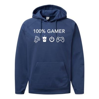 100% Gamer Funny Pizza Power Controller Cool Gamer Gift Performance Fleece Hoodie