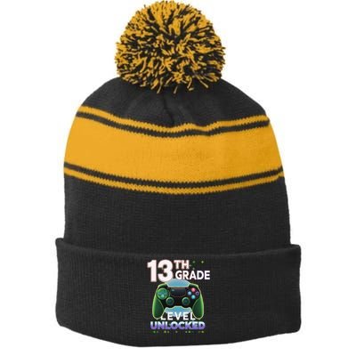 13th Grade Level Unlocked Video Gamer Teenager Birthday Stripe Pom Pom Beanie