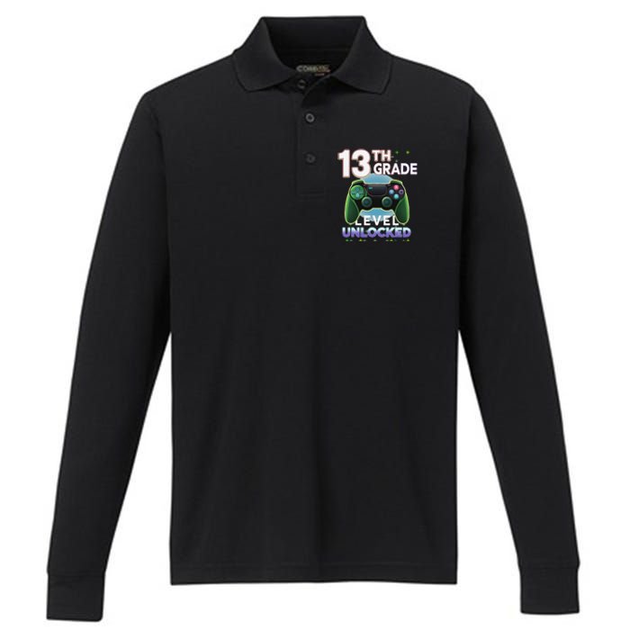 13th Grade Level Unlocked Video Gamer Teenager Birthday Performance Long Sleeve Polo