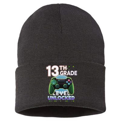 13th Grade Level Unlocked Video Gamer Teenager Birthday Sustainable Knit Beanie