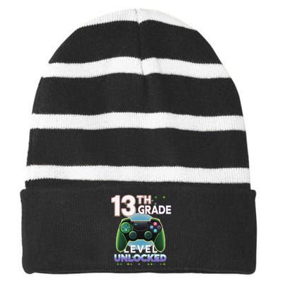 13th Grade Level Unlocked Video Gamer Teenager Birthday Striped Beanie with Solid Band