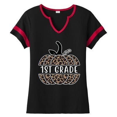 1st Grade Leopard Pumpkin Ladies Halftime Notch Neck Tee