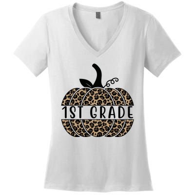 1st Grade Leopard Pumpkin Women's V-Neck T-Shirt