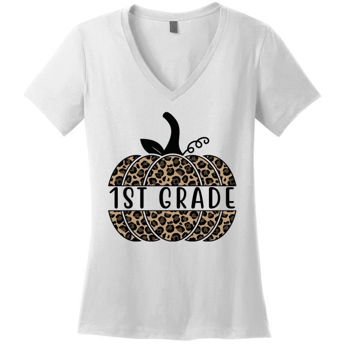 1st Grade Leopard Pumpkin Women's V-Neck T-Shirt