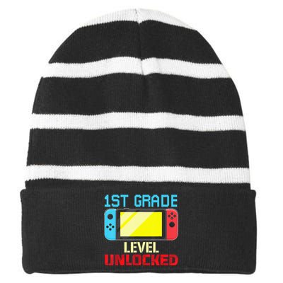 1St Grade Level Unlocked Gamer First Day Of School Striped Beanie with Solid Band