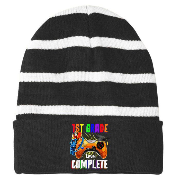 1th Grade Level Complete Last Day Of School Graduation Striped Beanie with Solid Band