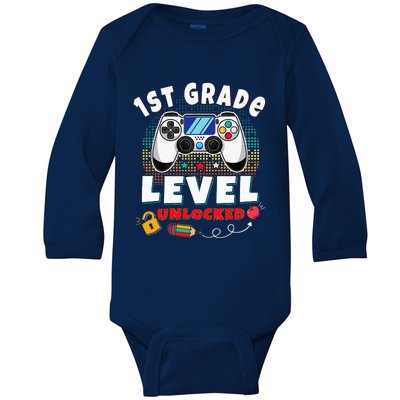 1st Grade Level Unlocked Gamer First Day Of School Baby Long Sleeve Bodysuit