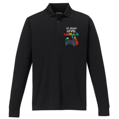 1st Grade Level Complete Gaming Boy Last Day Of School Gamer Performance Long Sleeve Polo