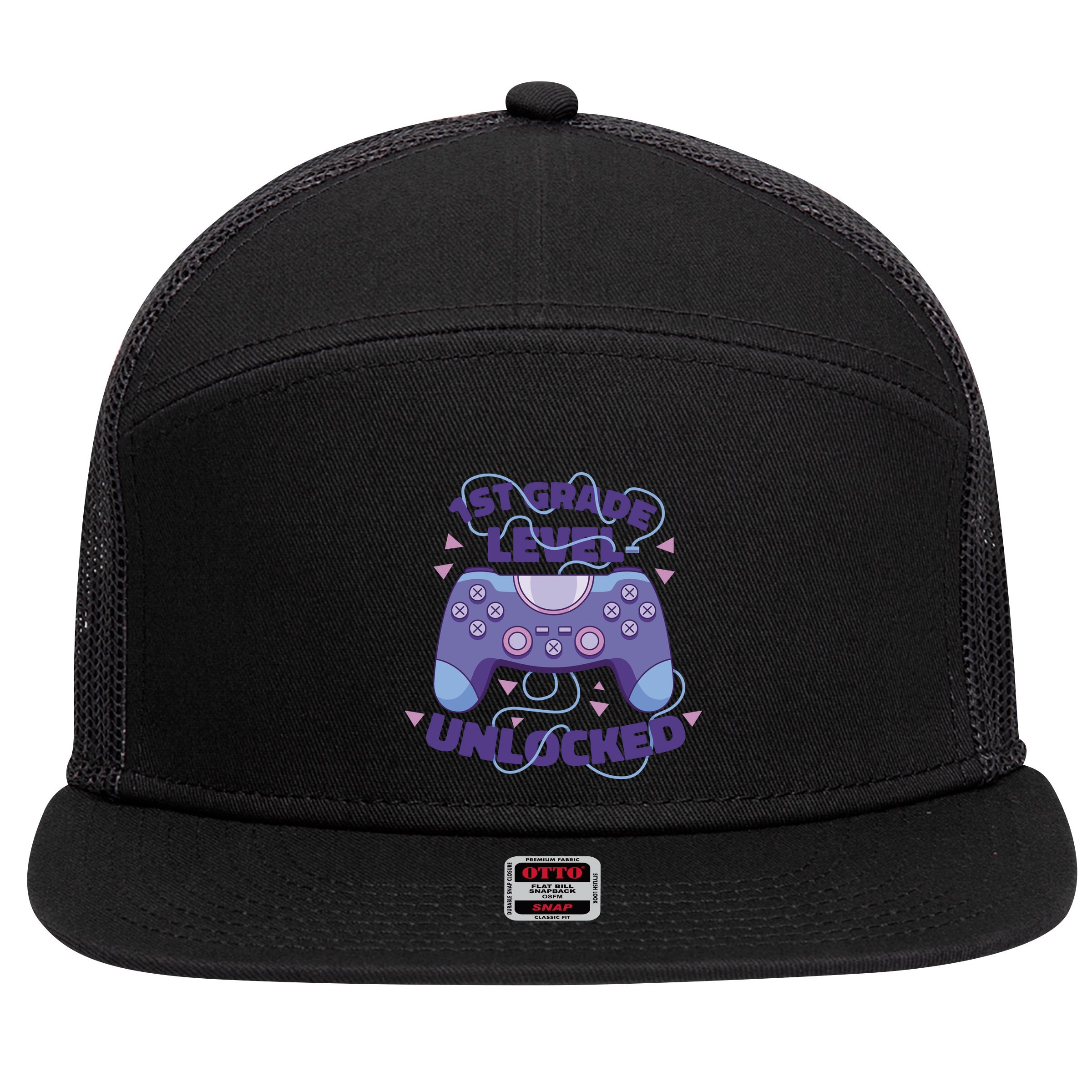 1st Grade Level Unlocked Back To School Gamer 7 Panel Mesh Trucker Snapback Hat