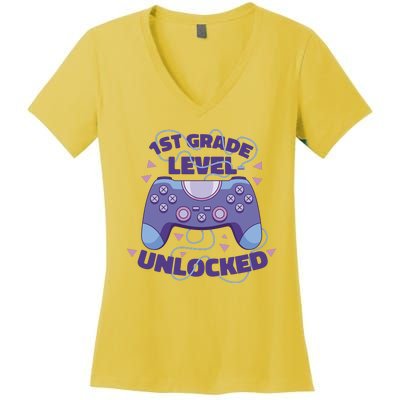 1st Grade Level Unlocked Back To School Gamer Women's V-Neck T-Shirt