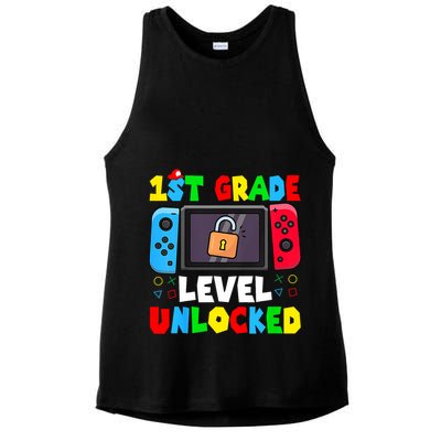 1st Grade Level Unlocked Back To School First Day Gamer Boy Ladies PosiCharge Tri-Blend Wicking Tank