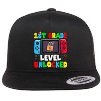 1st Grade Level Unlocked Back To School First Day Gamer Boy Flat Bill Trucker Hat