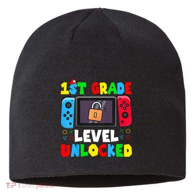 1st Grade Level Unlocked Back To School First Day Gamer Boy Sustainable Beanie